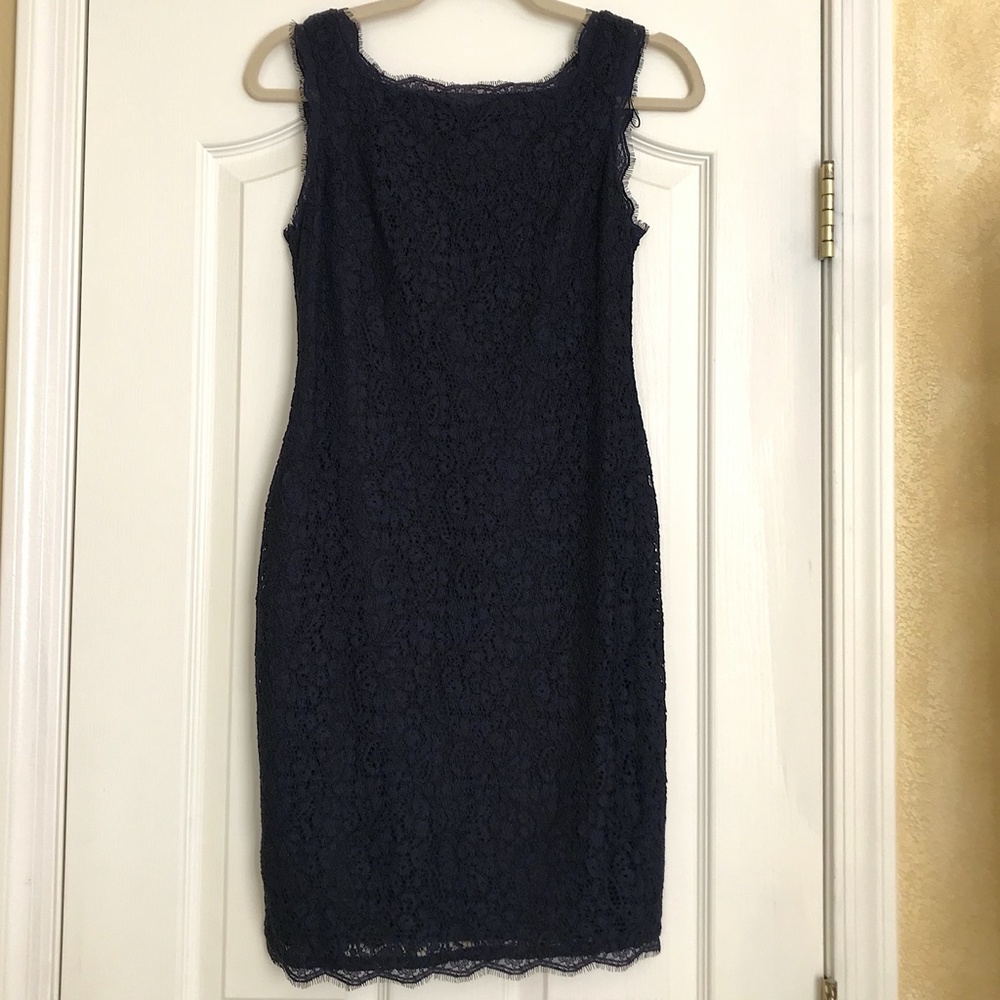 Adrianna Papell Dark Blue Lace Above Knee Dress 4P